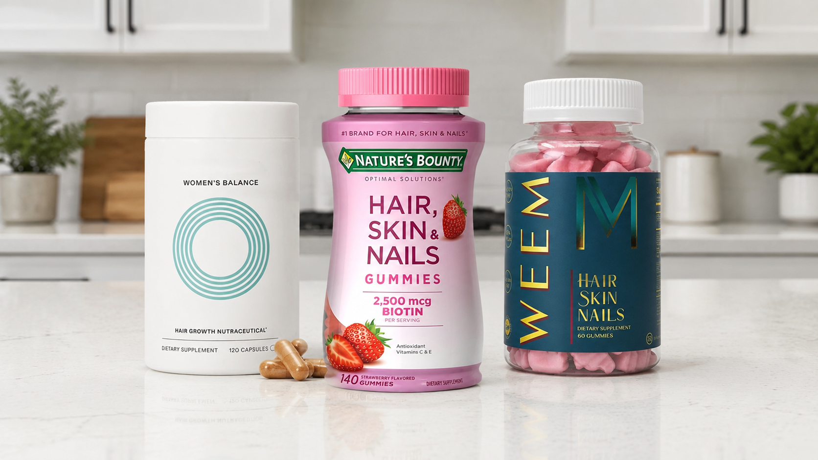 WEEM, Nutrafol, and Nature's Bounty bottles compared side by side